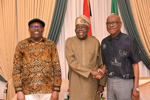 Minister Nyesom Wike,  President Bola Ahmed Tinubu and former Governor Simi Fubara